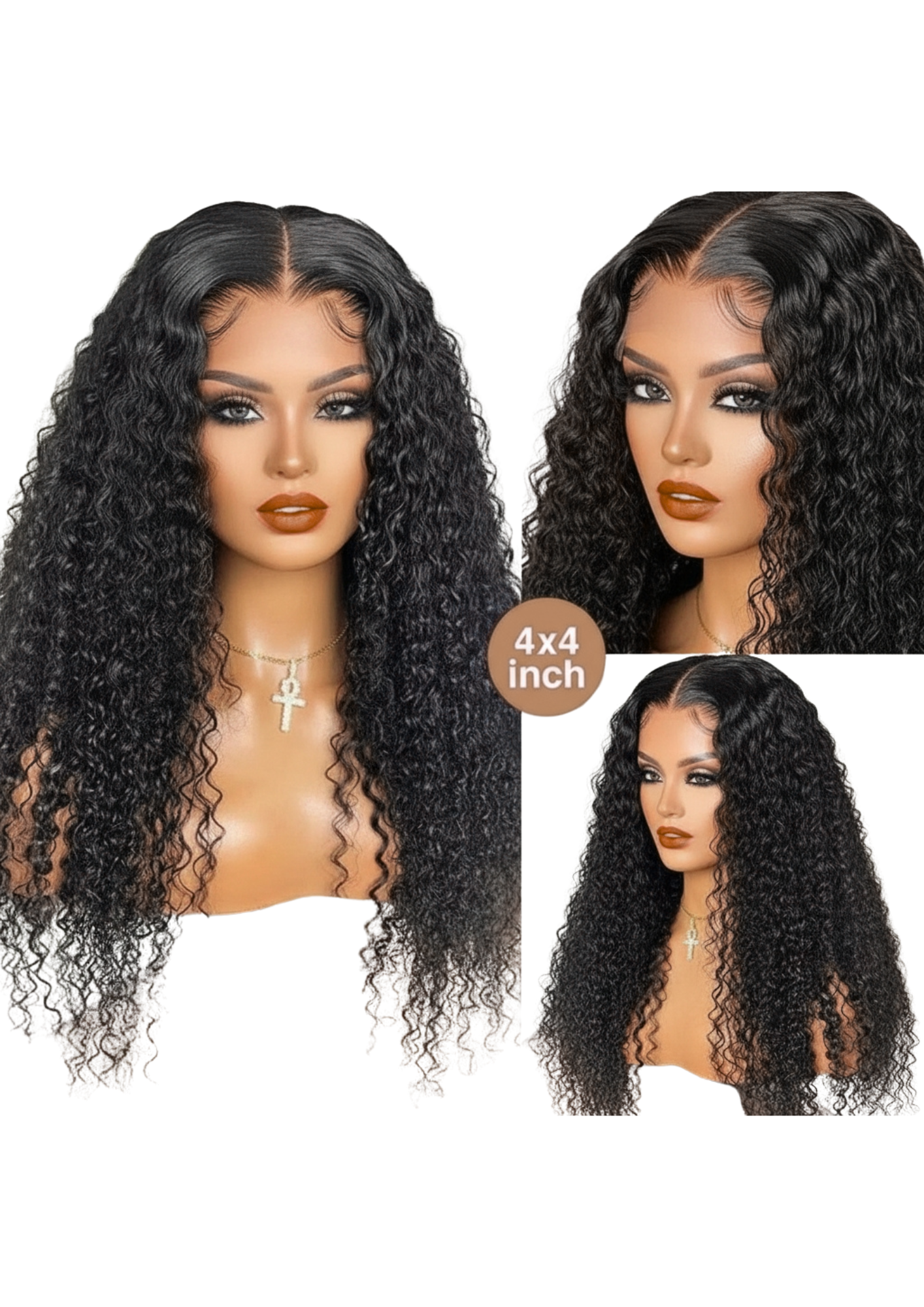 ✨ 15A Glueless 4x4 Lace Closure Curly Wig – Jet Black (1B) – 100% Human Hair (14”–30”)